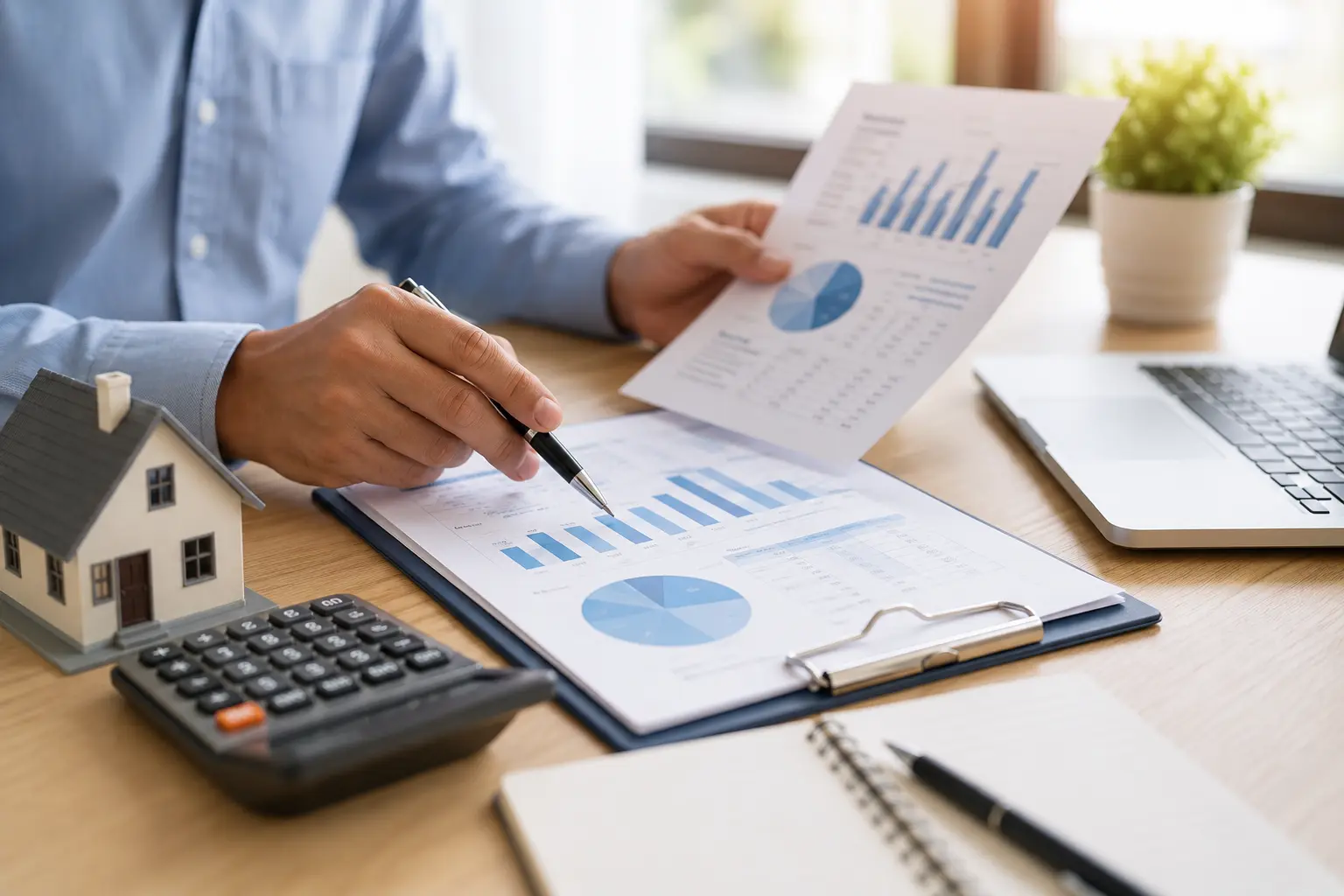 Mortgage borrower comparing Colorado mortgage rates and loan options using financial charts, a calculator, and a house model