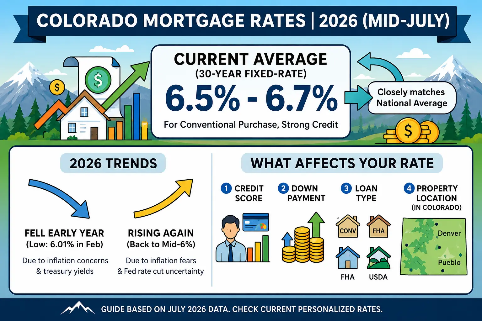 Colorado mortgage rates infographic showing average 30-year fixed rates of 6.5% to 6.7% and factors affecting borrower rates in mid-July 2026